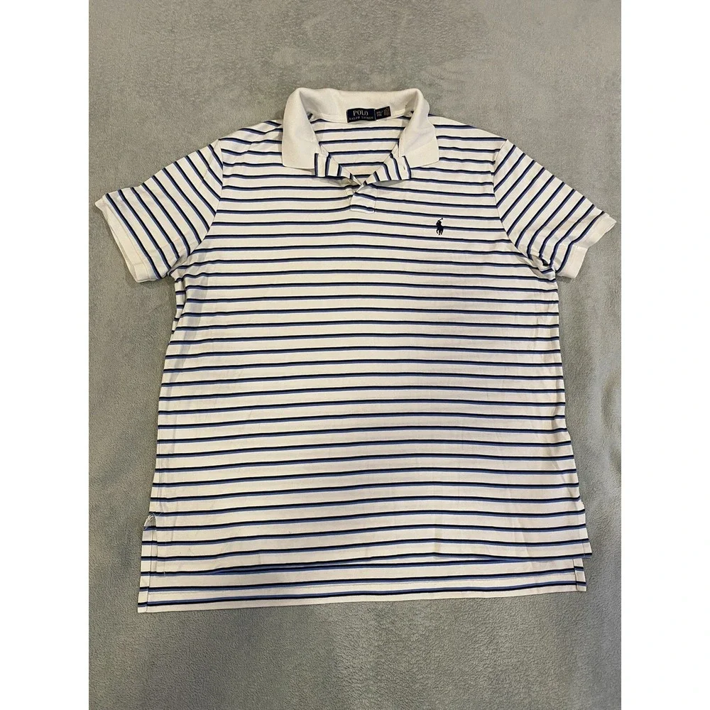 Polo Ralph Lauren Short Sleeve Golf Shirt 2XL White Blue Stripes Soft Cotton XXL